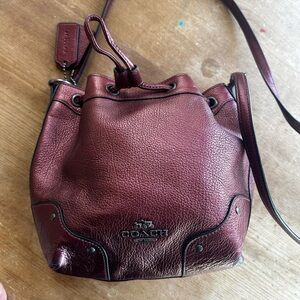 Coach Baby Mickie Metallic Burgundy Leather Drawstring Shoulder Bag